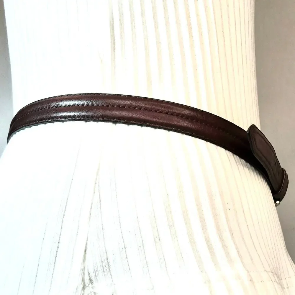 💎Unisex Dark Brown Leather Belt M  Polished Silver Tone Buckle Stitched Detail